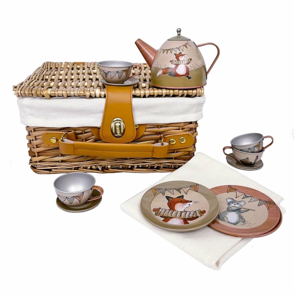 Musicians Tin Tea Set In A Wicker Basket Pretend + Role Play