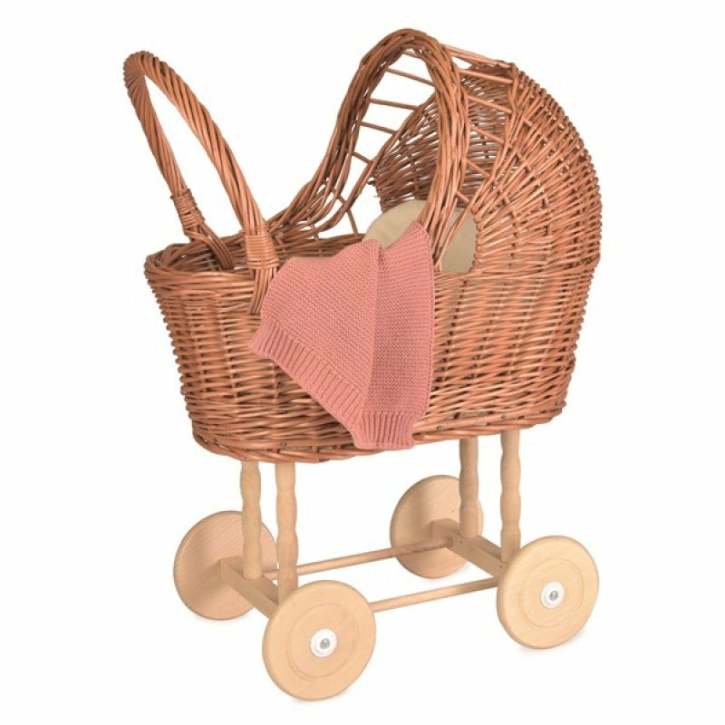 Wicker Doll Pram + Knitted Blanket Pretend + Role Play